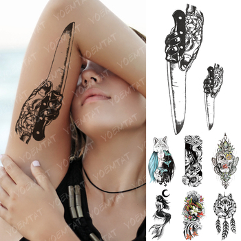 Waterproof Temporary Tattoo Sticker Knife Skull Moth Flash Tattoos Mermaid Dreamcatcher Wolf Body Art Arm Fake Tatoo Women Men
